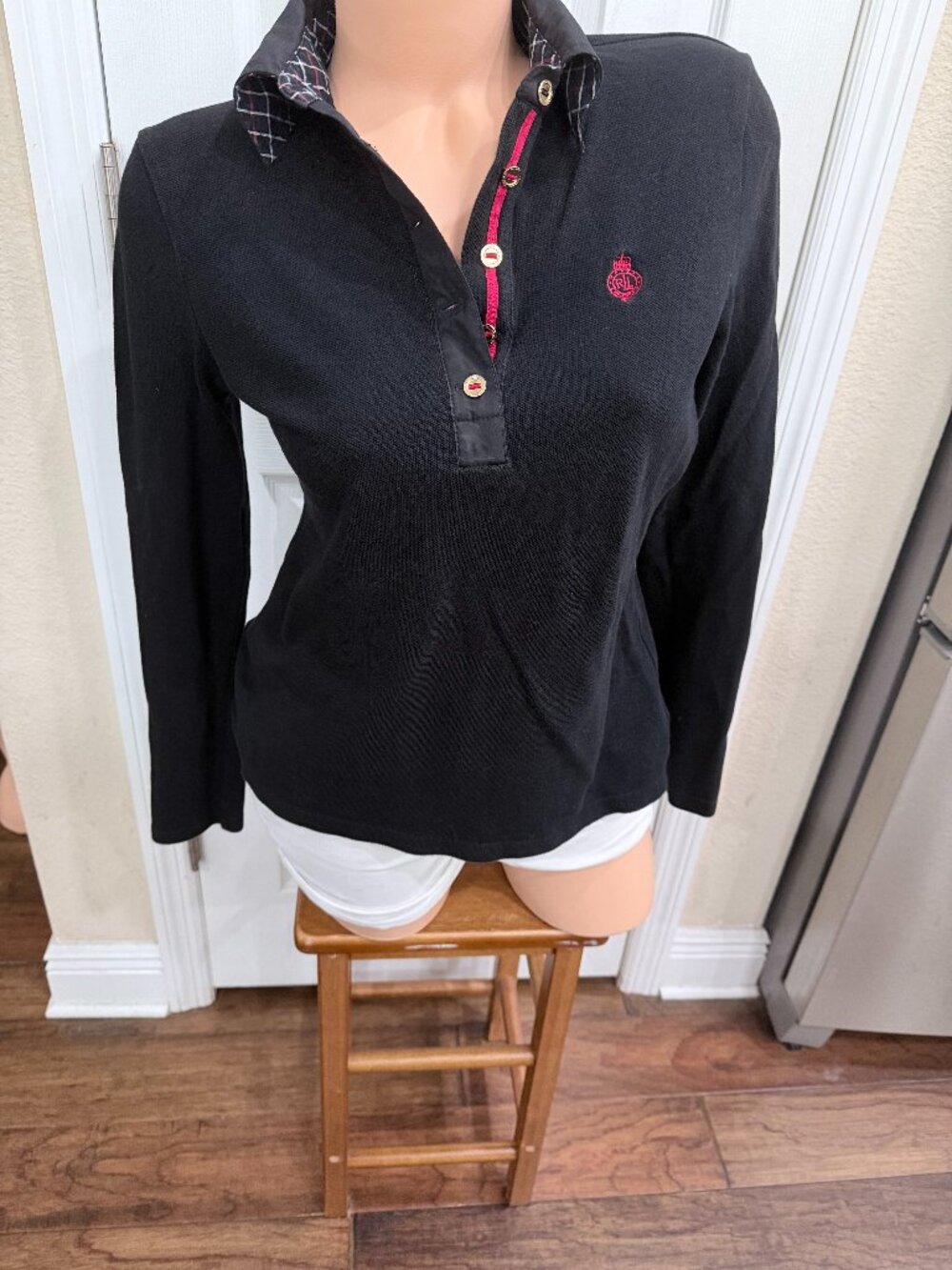 Lauren Ralph Lauren Active Black Polo Top M Plaid Collar Gold Buttons Cotton